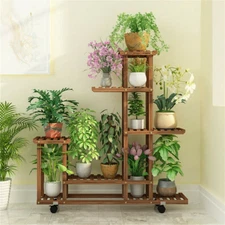 6 Tier Rolling Plant Stand Solid Wood Bonsai Display Shelf for Indoor Outdoor
