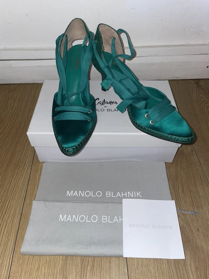 Pompa espadrillas Castaner x Manolo Blahnik tela verde taglia 40 UK 7 - Immagine 4 di 4