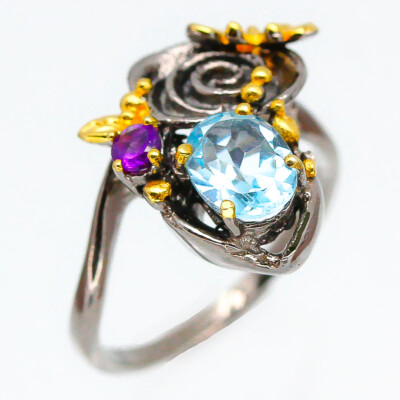 Antique 925 Sterling Silver Ring Black rhodium 925 Natural Blue Topaz / RVS137
