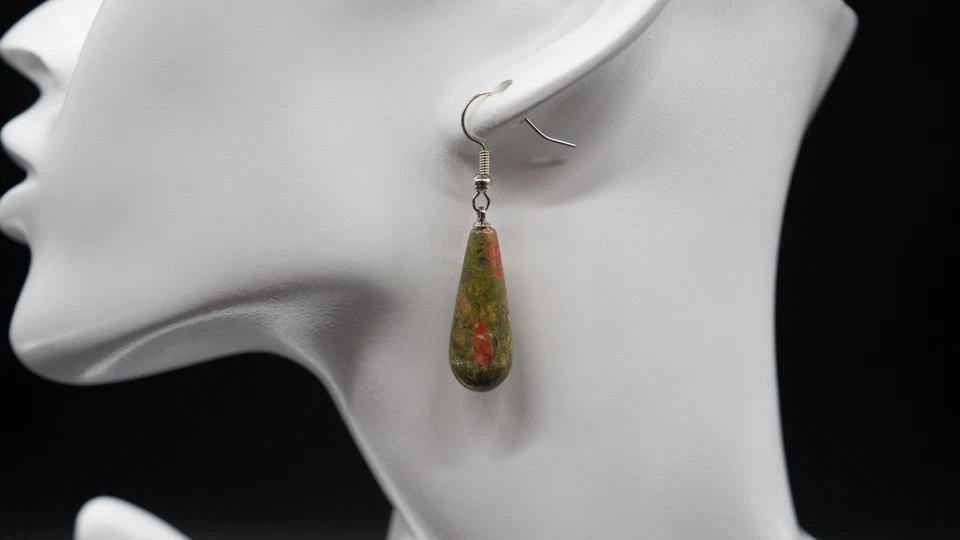 Unakite Natural Crystal Earrings Gemstone Silver Teardrop Jewelry Womens Gift - Image 2 of 4