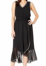 $160 Vince Camuto Women's Black Embroidered Ruffled Belted Midi Dress Size 8
