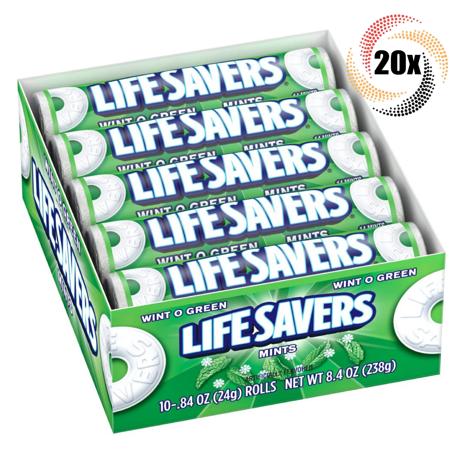 Full Box 20x Rolls Lifesavers Wint O Green Hard Mints | 14 Mints Each | .84oz