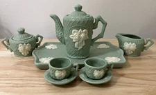 Vintage Victorian Bisque Tea Set Miniature 10-Pc Mint Green Ivory Roses