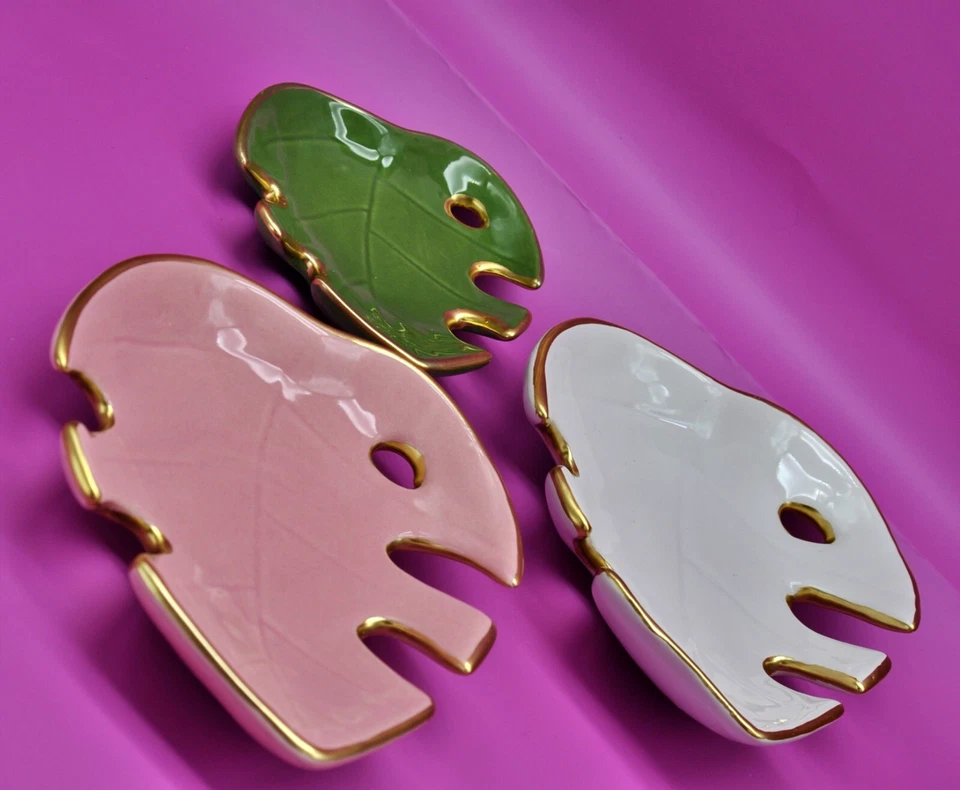 Vagabond Goods 3 Piezas Cerámica Monstera Joyería Plato - Rosa, Blanco, Verde, Dorado Foto 4 de 4