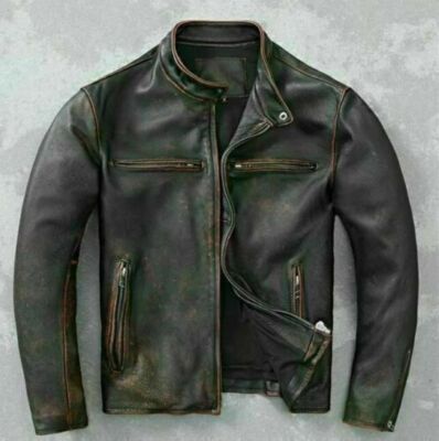Men s Motorcycle Biker Vintage Cafe Racer Distressed Black Real Leather Jacket