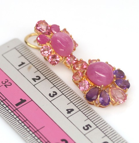 Heated 8 X 11 mm. Pink Ruby, Topaz & Amethyst Earrings Silver 925 Sterling - Picture 3 of 5