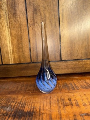 Vintage 1984 Signed TS Studio Art Glass Vase - 7.5'' Blue Swirl Teardrop''