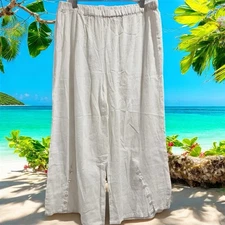 Collections Etc White Cotton Gauze Pants Sz XL Elastic Waist Wide Leg Button Hem