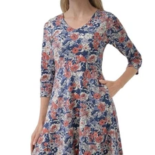 NWT Pact Organic Cotton Blend Fit Flare L 3/4 Sleeve Floral Cosmos Party Dress
