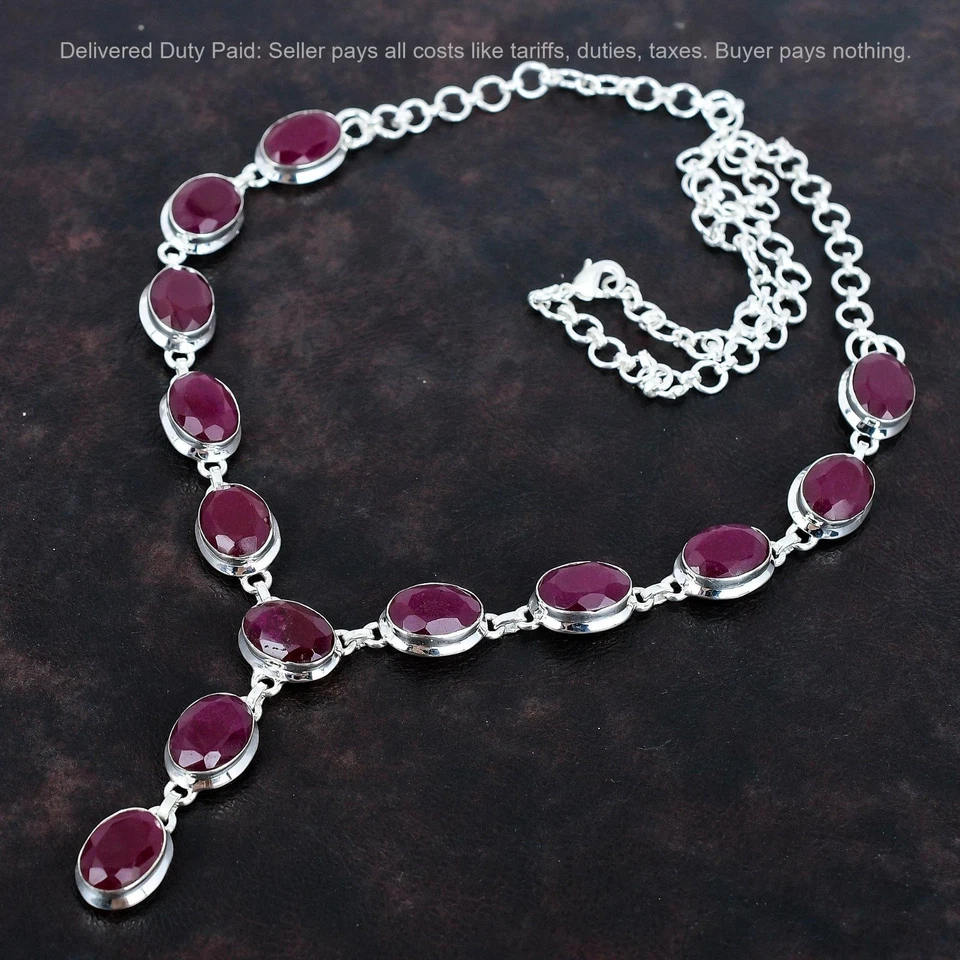 Faceted Kashmir Ruby Gemstone Necklace 925 Sterling Silver Adjustable Necklace - Image 4 of 4