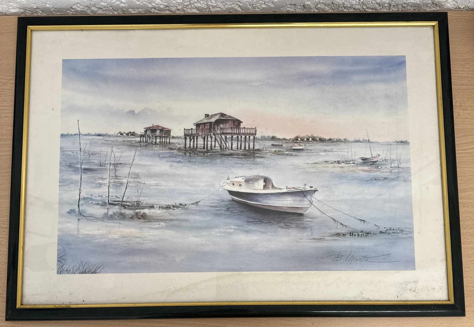 Peinture Encadré Bassin D’arcachon Cabane Tchanqué Bâteau Signé Lacoste