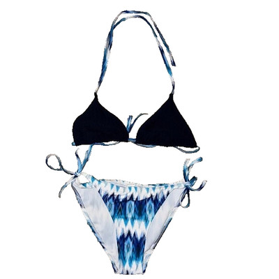 Crochet Bikini Navy Triangle Top Blue White Ikat Tie Side Bottoms Size Small EUC