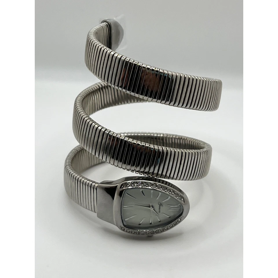 Silver Tone Snake Coil Wrap Around Genoa Watch Rhinestone Bezel Elegant - Image 3 of 4