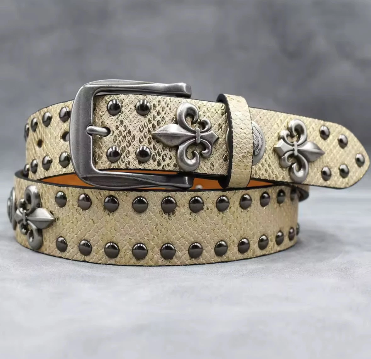 Leather Belt Chrome Buckle Y2K Western Studded Retro Snake Skin Pattern Glossy