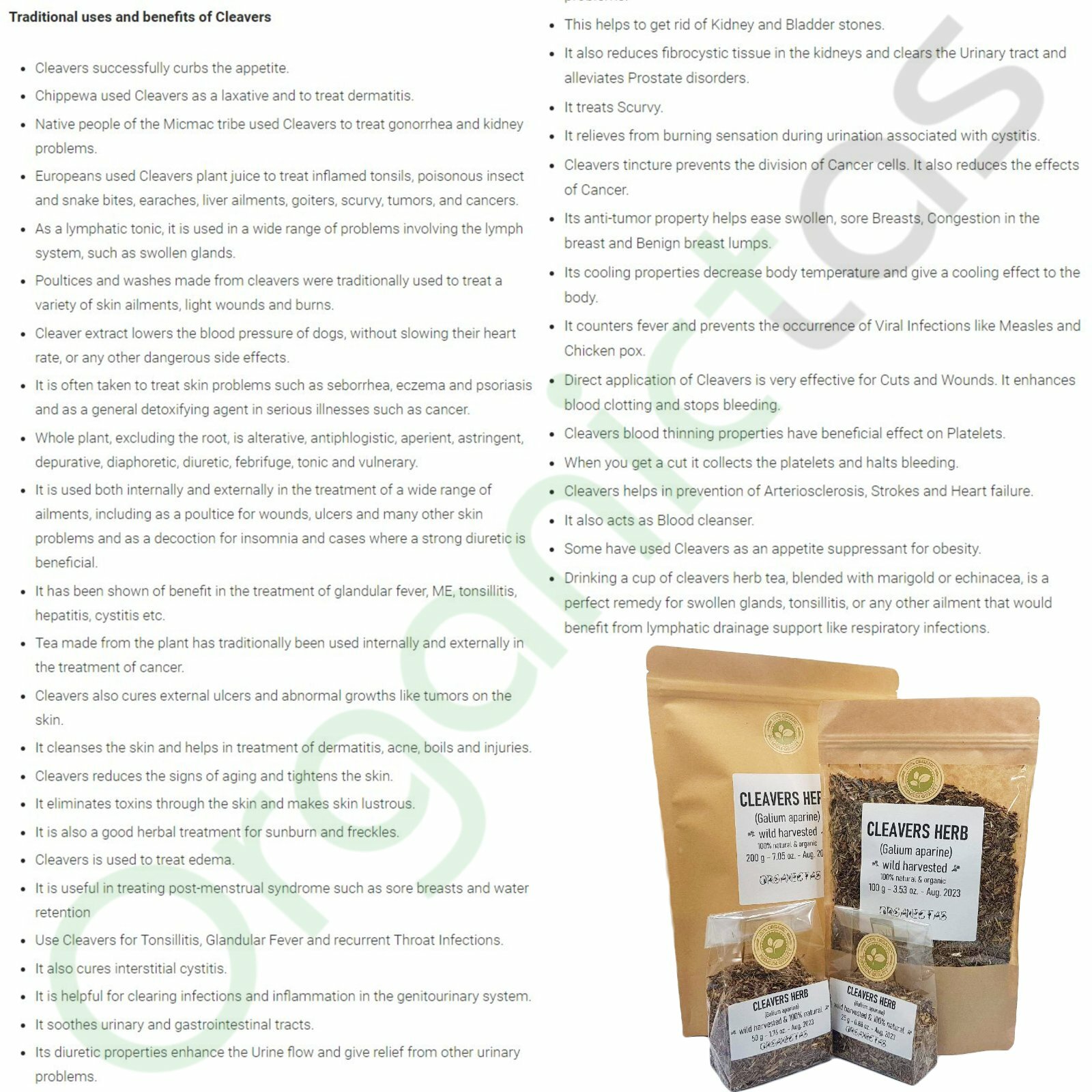 Cleavers Tea Organic Premium Quality Herbal Tea Dried Cut Loose Herb