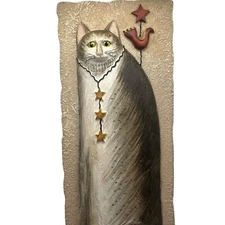 Primitive Folk Art Cat Wall Plaque 3D Resin 3x11 Signed E Smithson