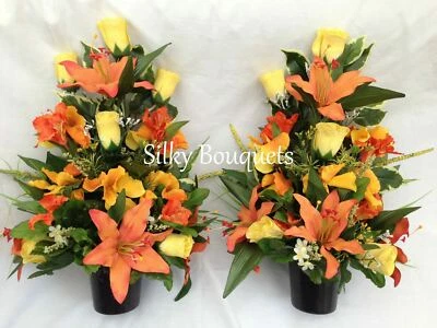 Grave Pot Arrangements Pair Artificial Silk Flowers Flat Back Terracotta Lily