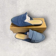 BURUDANI Denim Blue Women Knit Mules Comfortable Round Toe Casual Slip On Flats