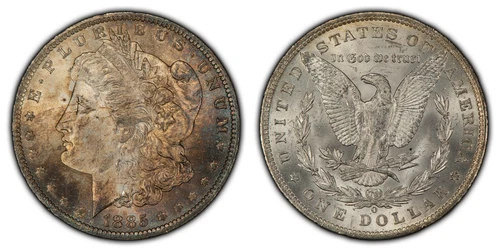 1885-O $1 Morgan Silver Dollar - Violet Rainbow Pattern Toning - BU - SKU-D2673