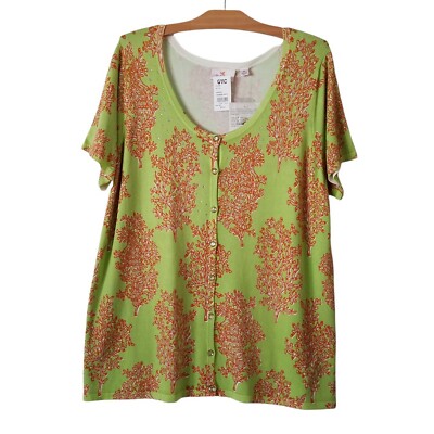 QVC Quackin Factory Womens Sz XL Button Up Knit Top Short Sleeve Sweater Green 