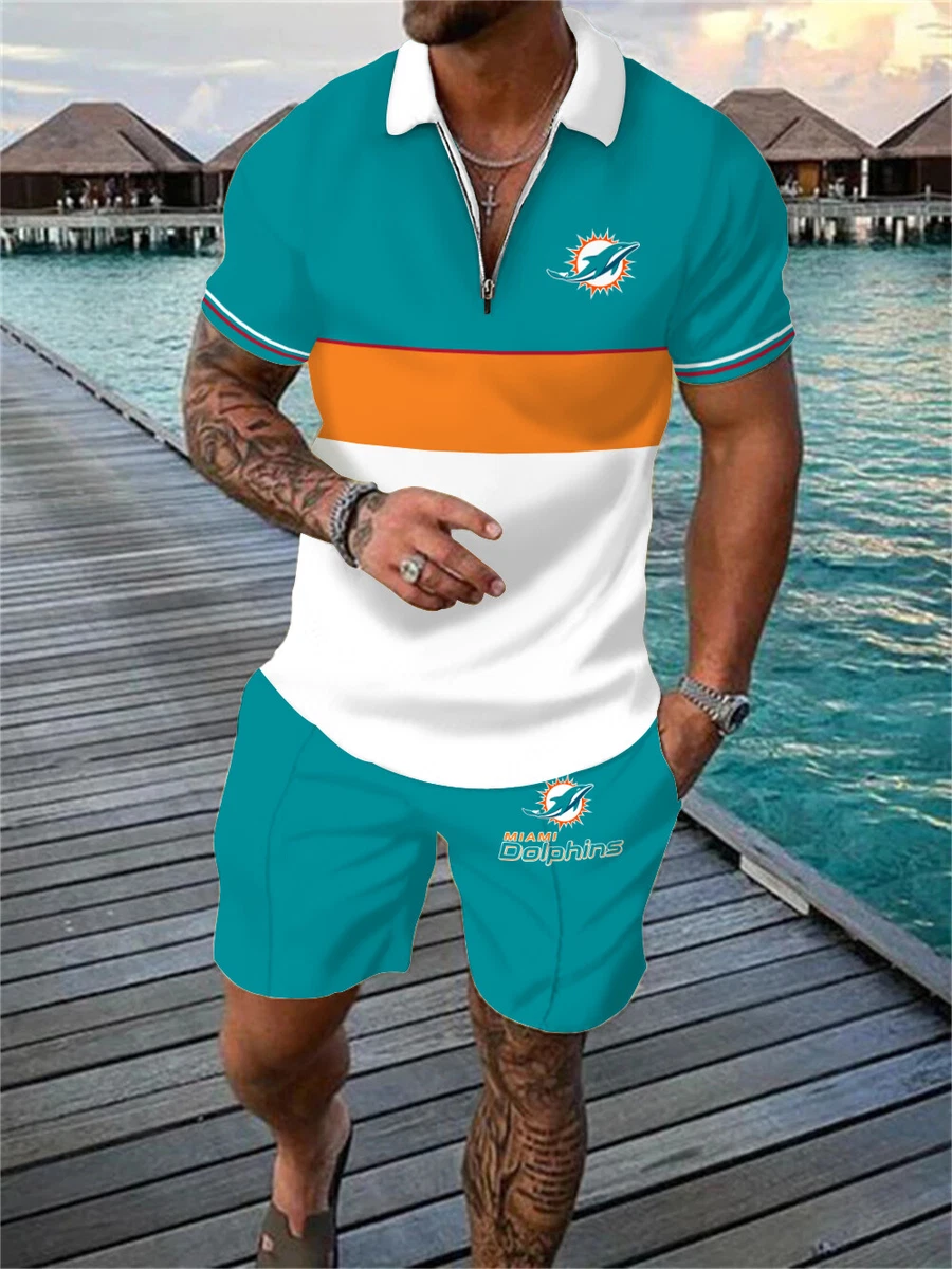 Miami Dolphins 2PCS Zipper Shirts Outfits Mens Hawaii Collared Tops Beach Shorts
