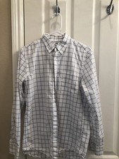 Men's UNIQLO White w/ Gray & Blue Square Pattern Long Sleeve Oxford Shirt Small