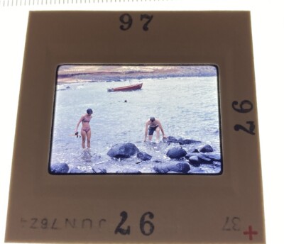 1970s Slide 35mm Man & Woman Swim Beach Boat In Background Molokai Hawaii