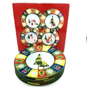 Christmas-Holiday-Earthenware-8-5-034-Dessert-Plate-Set-Madison-amp-Max-Set-of-4