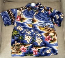 RJC Hawaiian Shirt Youth Sz 7 Islands Map Blue Aloha Pocket Cotton Made In USA