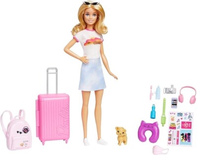 Barbie Malibu Travel Box Puppe mit über 10 Zubehörteilen 1 Welpe HJY18