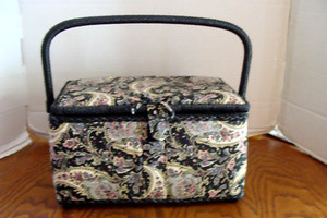 VTG Footed Sewing Basket Wooden w/Padded Paisley Fabric Pattern