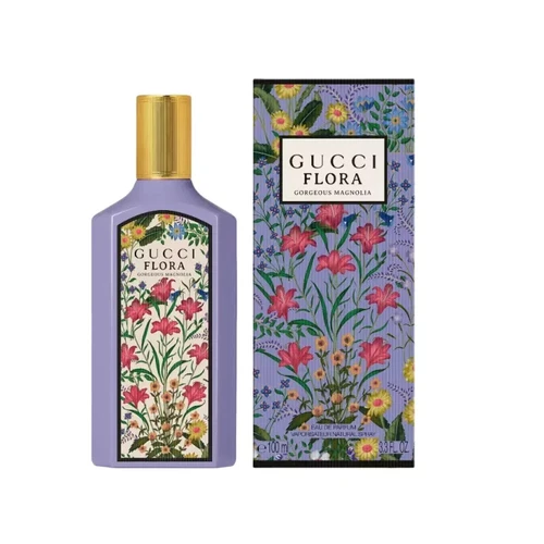 Gucci Flora Gorgeous Magnolia Eau De Parfum Spray 100ml / 3.3 oz sealed box with floral print and gold cap.
