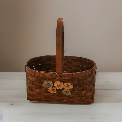 Vintage Hand Woven Basket With Flower Detailing 1970s Rare Item Cottagecore