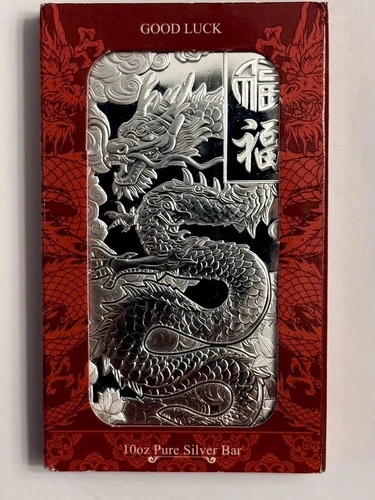 Lot of 2.  PAMP 10 Oz. Good Luck Dragon Silver Bar w/ Capsule & Sleeve X 2