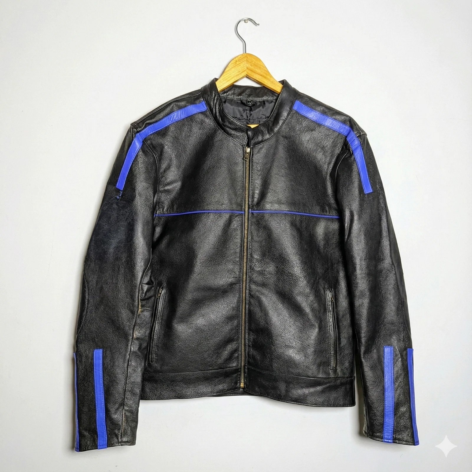Men's Black Leather Jacket Cafe Racer Blue Stripe Moto Biker Real Cowhide Coat