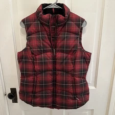 Eddie Bauer Women’s M Premium Goose Down Puffer Vest Jacket Cinch Plaid Red