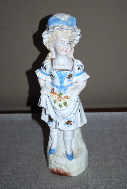 ANTIQUE GERMAN BISQUE Lady with Apron of Pears - 10.5" tall - gold accents