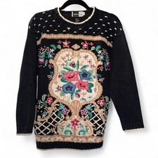 Beldoch Popper Sweater L Black Granny Embroidered USA Floral Cottagecore Vtg 80s