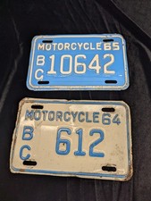 Two Vintage British Columbia Motorcycle License Plates 1965, 1964 With Low...