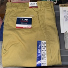 NEW Izod Mens Classic American Chino flat front no Iron straight leg 36x34 Khaki