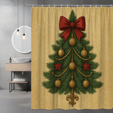 Christmas Tree Shower Curtain with Red Bow and Gold Ornaments