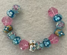 New 6.5  Strand Blue  Pink Flower LampWork Glass Beads 12-14mm