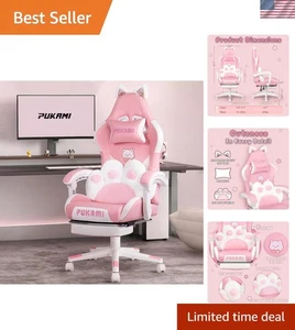 Pink Gaming Chair Cute with Cat Ears and Cat Paw Lumbar Cushion, Ergonomic Co...