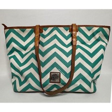 Dooney  Bourke Chevron Shopper Tote Bag Teal White Leather Trim Shoulder Bag