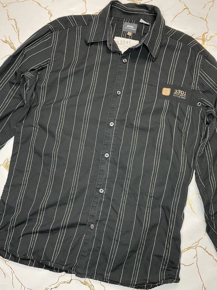 G-Star Raw Men Black Striped New Luxor Type Shirt Shirt Long Sleeves Size Large - Image 2 of 4