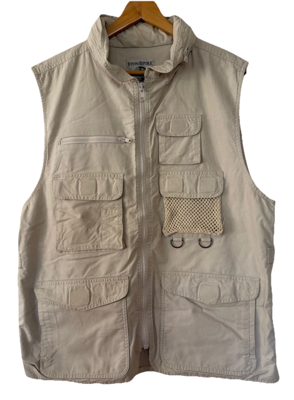 VTG 80s 90s Banana Republic SZ L Hunting Safari Fishing Vest 8 Pocket, Hood