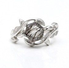 Natural Black Rutile Quartz Hexagon Leaf Design Ring 925 Sterling Silver Jewelry