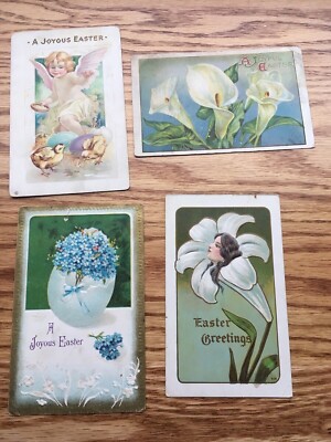 4 Antique Easter postcards: embossed angel & chicks; & lillies; SHIPS FREE 