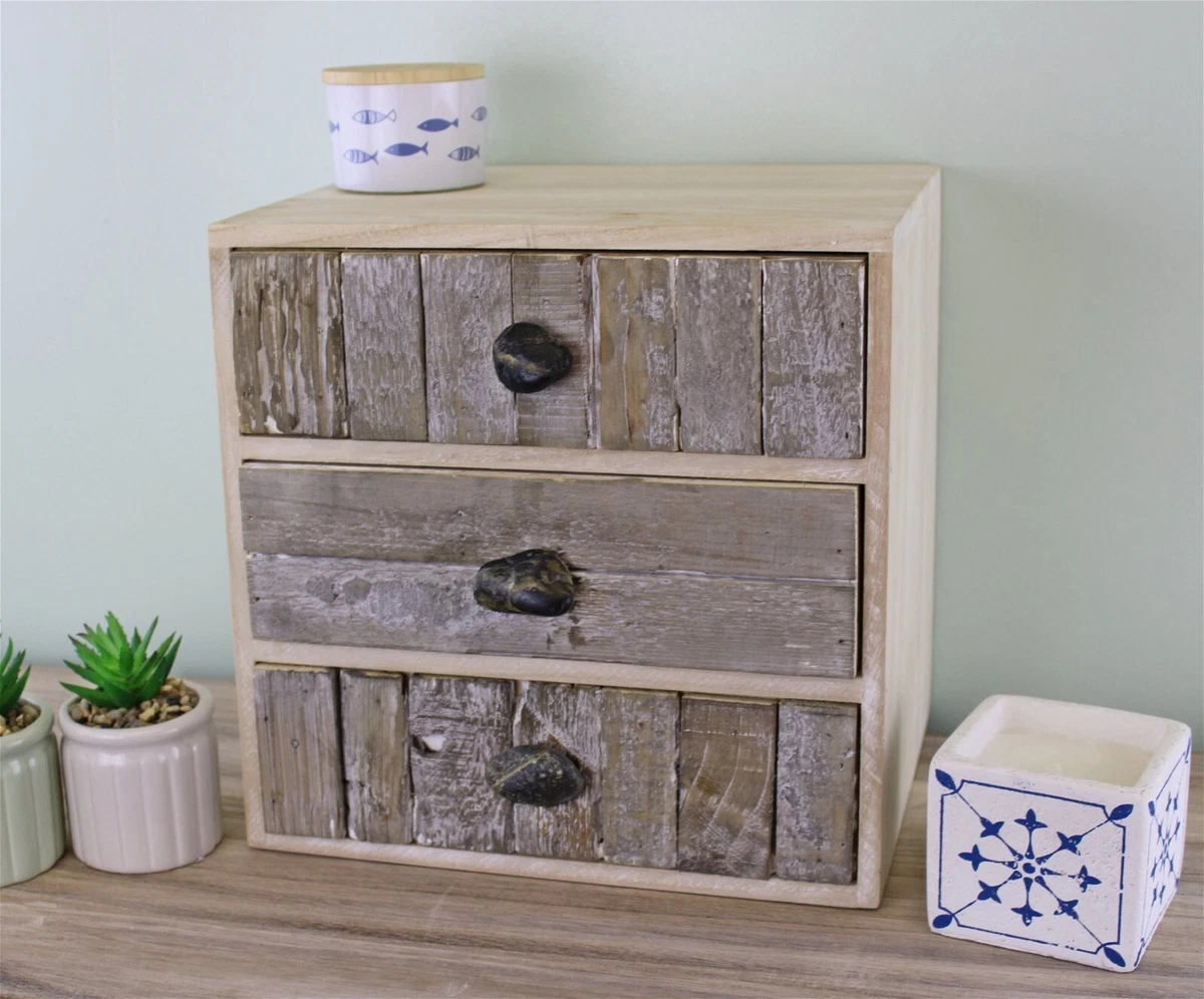 Small Trinket Drawers Desk Storage Wooden Cabinet Pebble Handles Driftwood Style