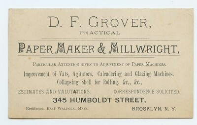 D.F. Grover Paper Maker & Millwright Brooklyn New York Advertising Trade Card